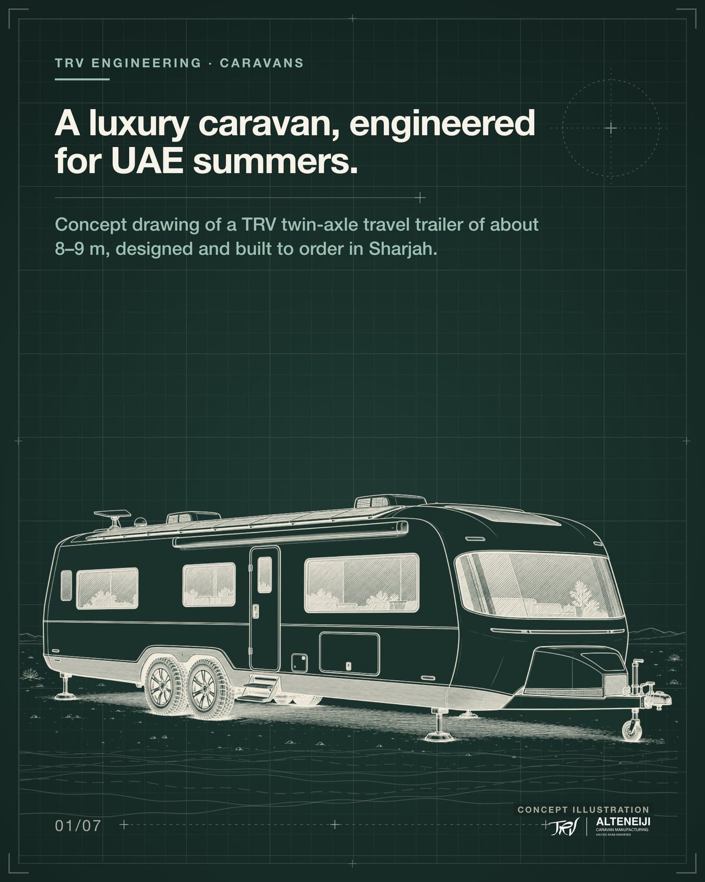 Slide 1 of 7: “A luxury caravan, engineered for UAE summers.” Concept drawing of a TRV twin-axle travel trailer of about 8–9 m, designed and built to order in Sharjah.