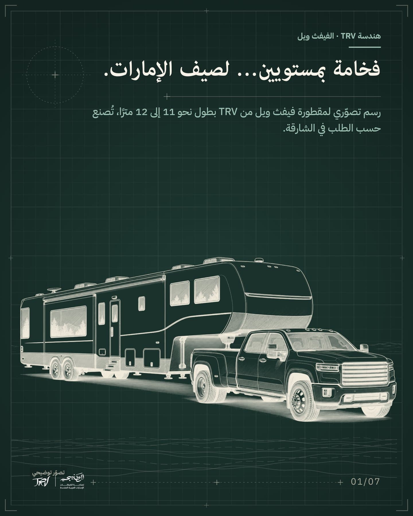 الشريحة 1 من 7: «فخامة بمستويين… لصيف الإمارات.». رسم تصوّري لمقطورة فيفث ويل من TRV بطول نحو 11 إلى 12 مترًا، تُصنع حسب الطلب في الشارقة.