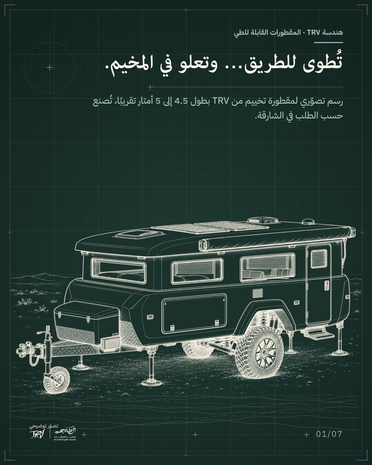 الشريحة 1 من 7: «تُطوى للطريق… وتعلو في المخيم.». رسم تصوّري لمقطورة تخييم من TRV بطول 4.5 إلى 5 أمتار تقريبًا، تُصنع حسب الطلب في الشارقة.