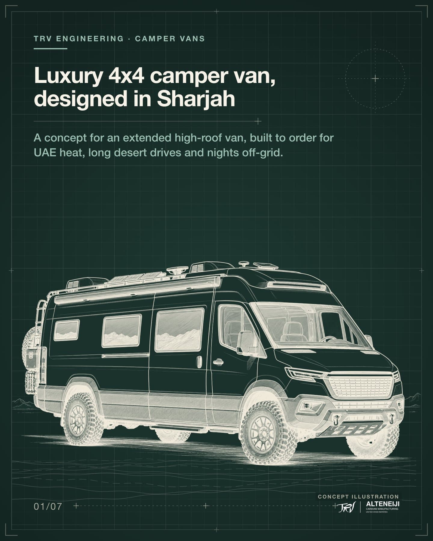 Slide 1 of 7: “Luxury 4x4 camper van, designed in Sharjah” A concept for an extended high-roof van, built to order for UAE heat, long desert drives and nights off-grid.