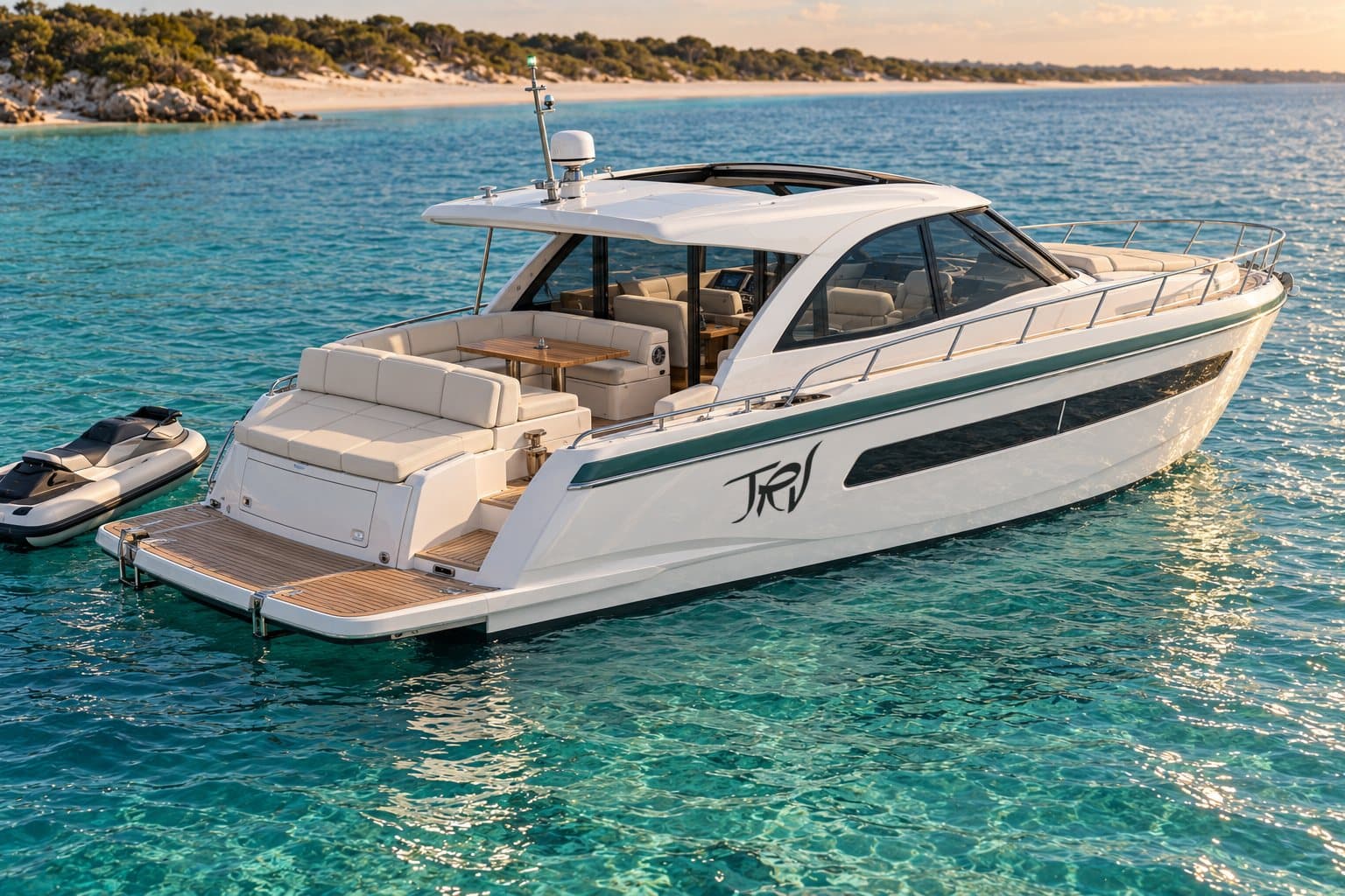 Illustration of the TRV 45 Hardtop concept at anchor, seen from the stern, not a photo of a delivered boat