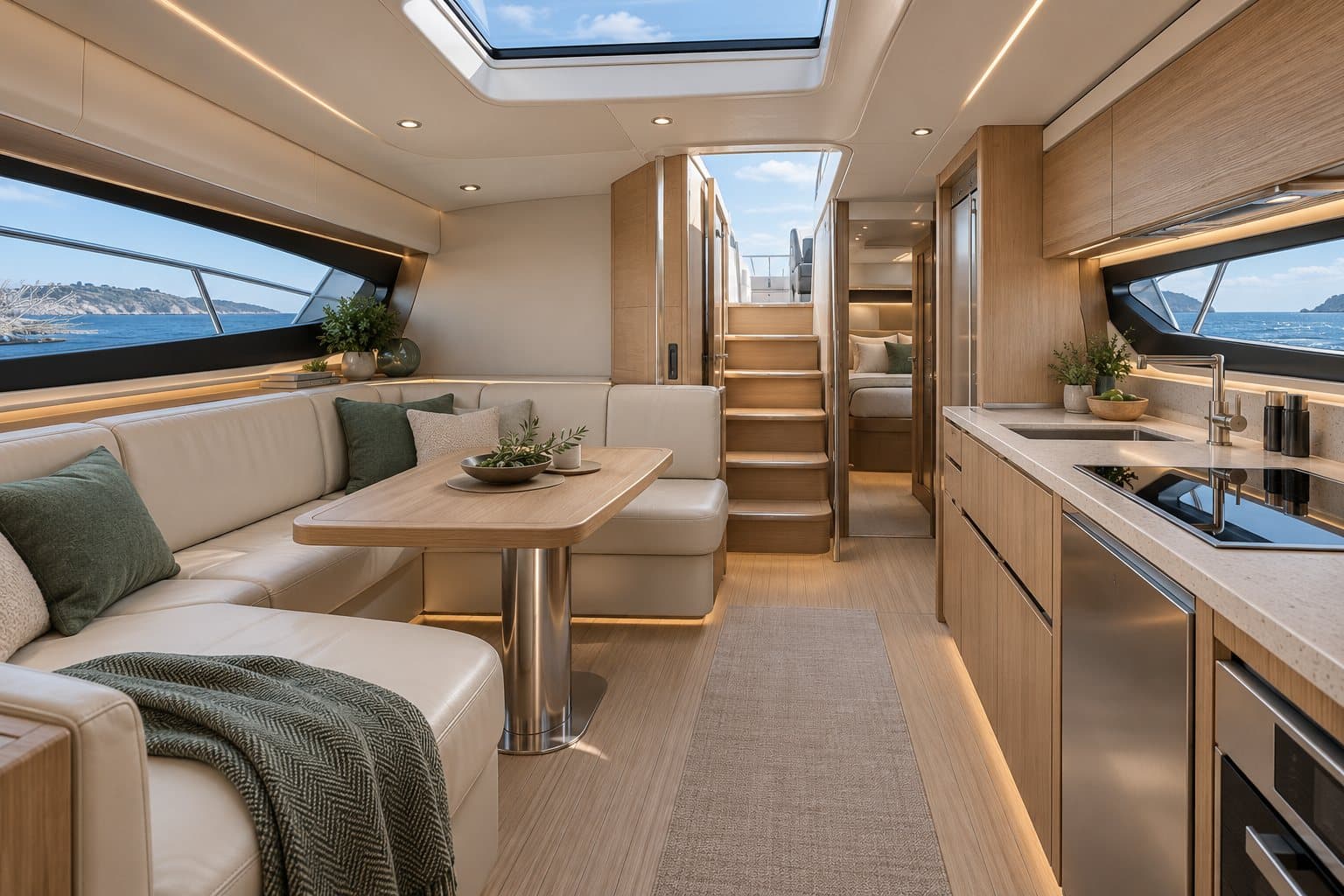 Illustration of the lower lounge and galley concept, not a photo of a delivered boat