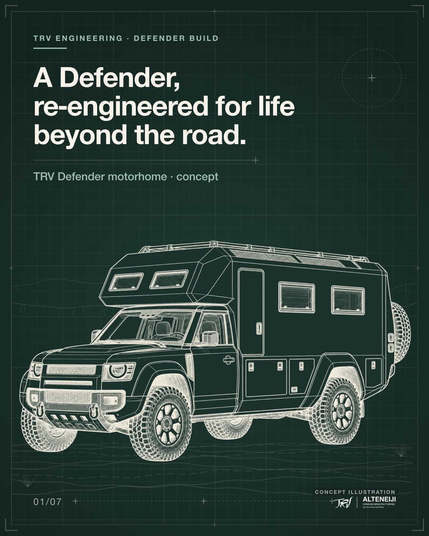 Slide 1: “A Defender, re-engineered for life beyond the road.” Front three-quarter drawing of the TRV Defender motorhome concept.