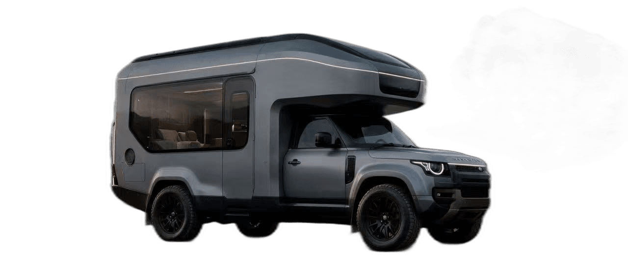 Defender OCTA Motorhome — low-glare exterior with panoramic lounge glazing