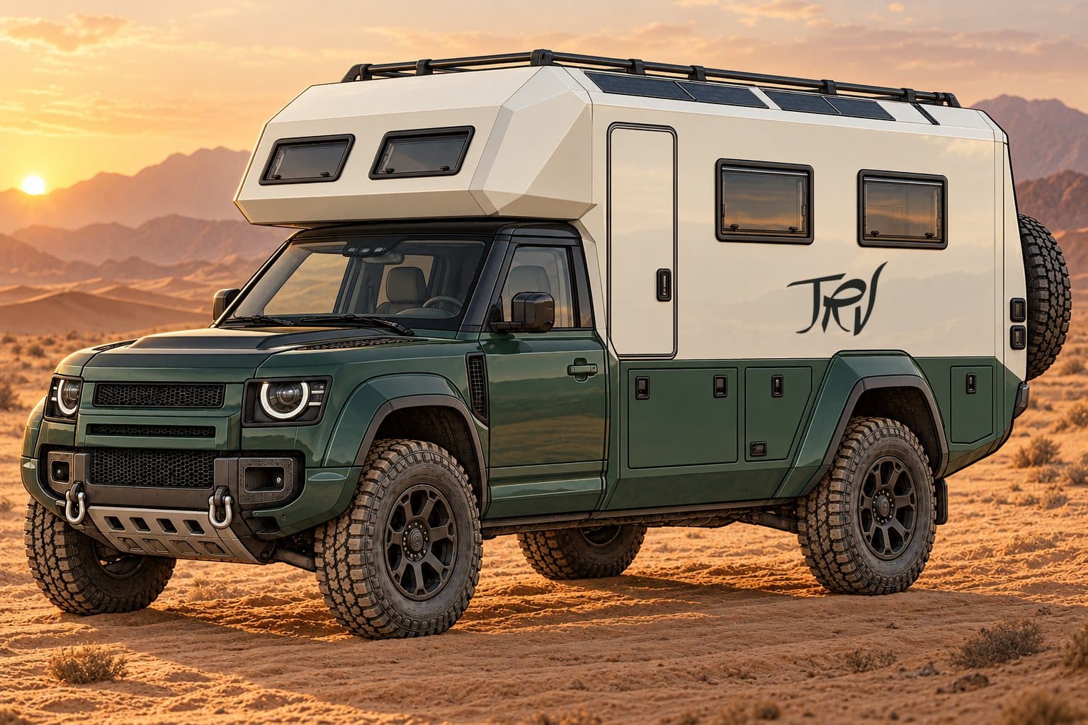 Illustration of an expedition motorhome on a Defender, not a photo of a delivered unit