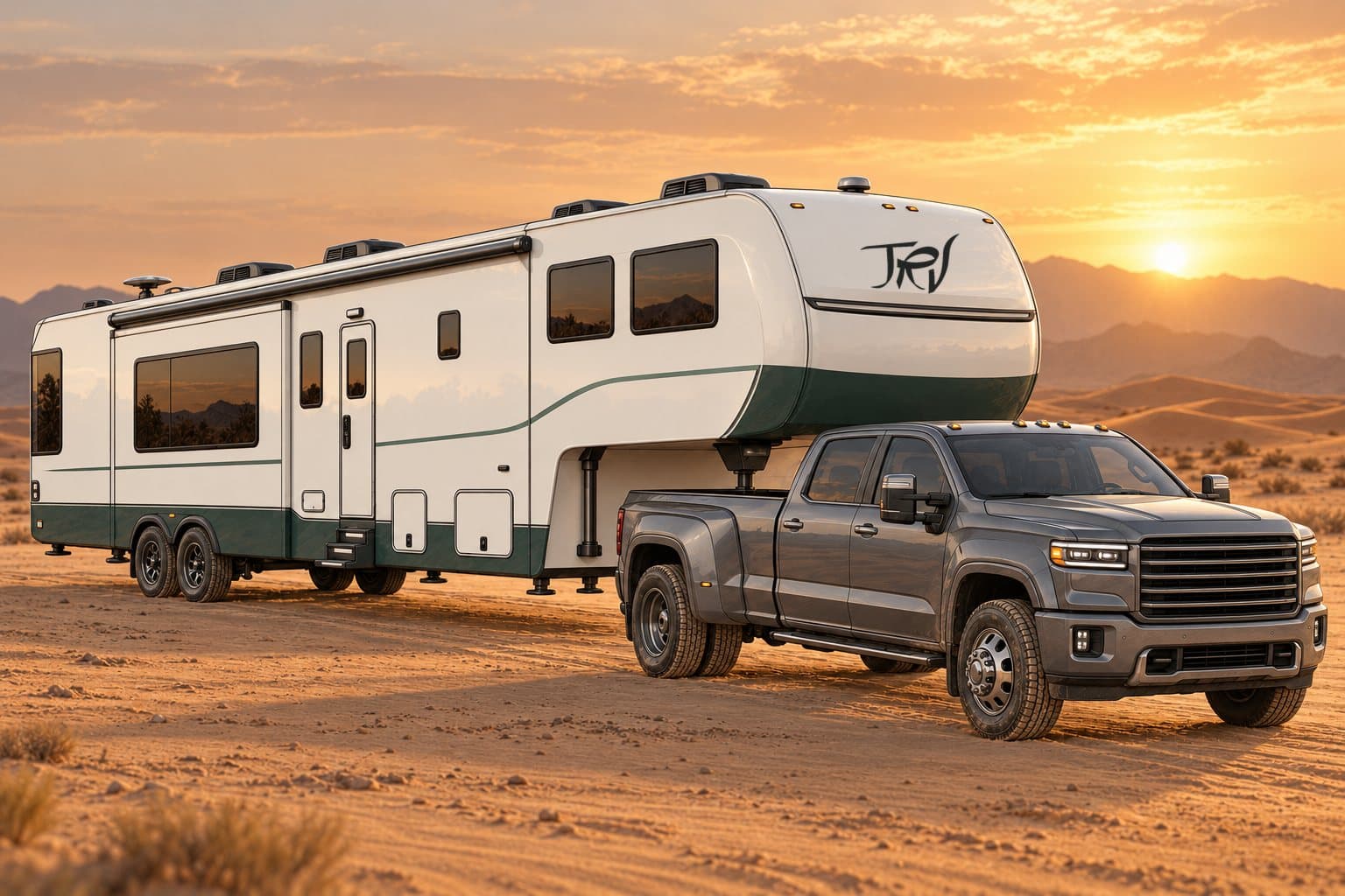 Illustration of a fifth-wheel trailer behind a pickup, not a photo of a delivered unit